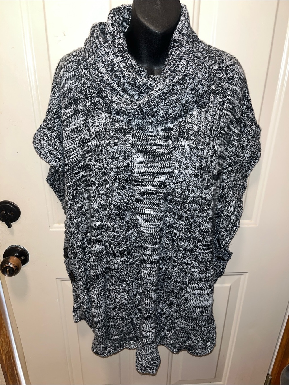 Woman Within Black & White Marled Cowl Neck Sweater Poncho
